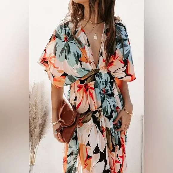 Orange Plunge Split Printed Short Sleeve Dress - Picture 7 of 7